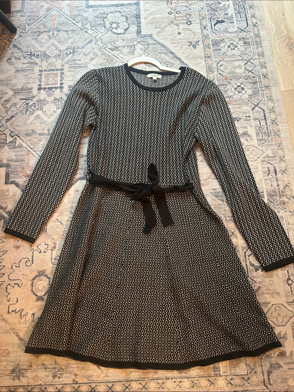 Max Studio Black and White Knit Long-Sleeve Dress with Belt